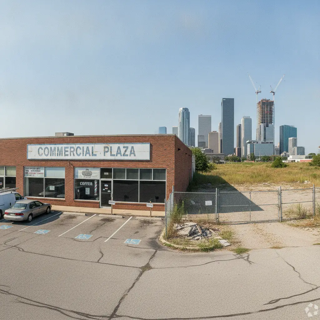 A small brick commercial building and a vacant lot set against a background of a modern city skyline, illustrating a covered land play.