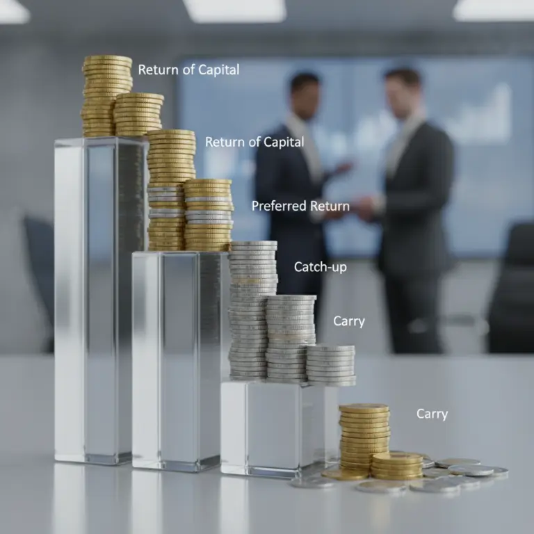 Stacked coins on glass pedestals labeled with distribution terms representing an Equity Waterfall.