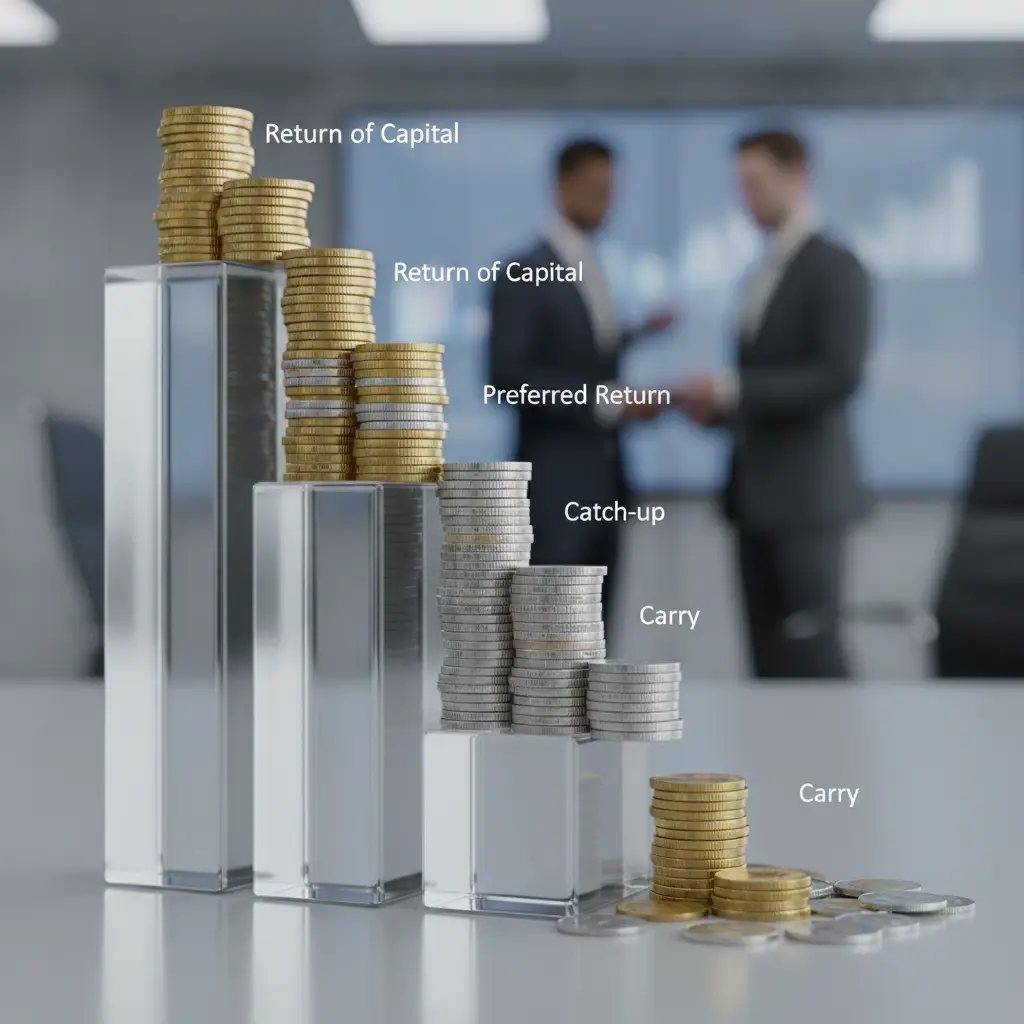 Stacked coins on glass pedestals labeled with distribution terms representing an Equity Waterfall.