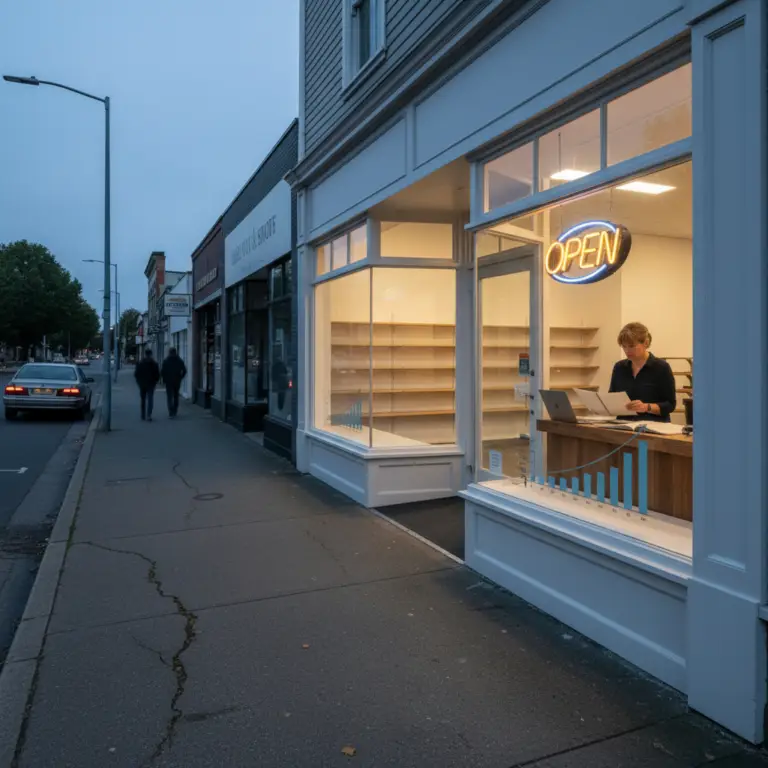 A small business storefront with an open door and construction equipment on the sidewalk, highlighting the need for an Extended Period of Indemnity.