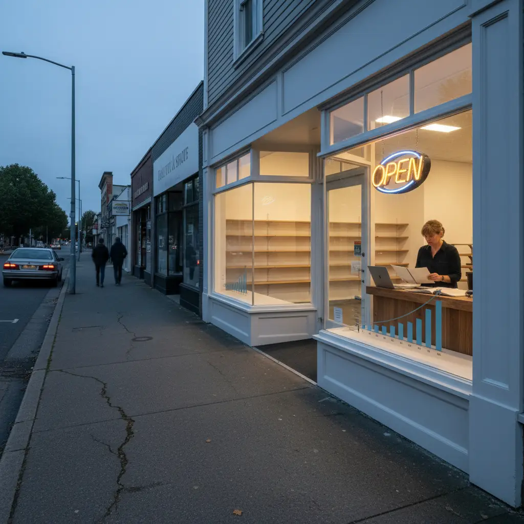 A small business storefront with an open door and construction equipment on the sidewalk, highlighting the need for an Extended Period of Indemnity.