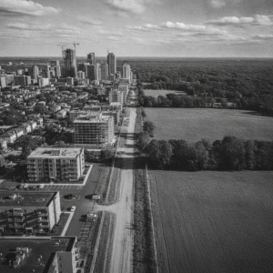 An aerial black and white photograph showing a sharp Growth Boundary between a dense city and open fields.