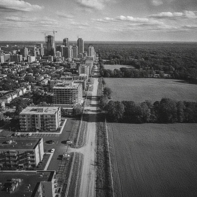 An aerial black and white photograph showing a sharp Growth Boundary between a dense city and open fields.
