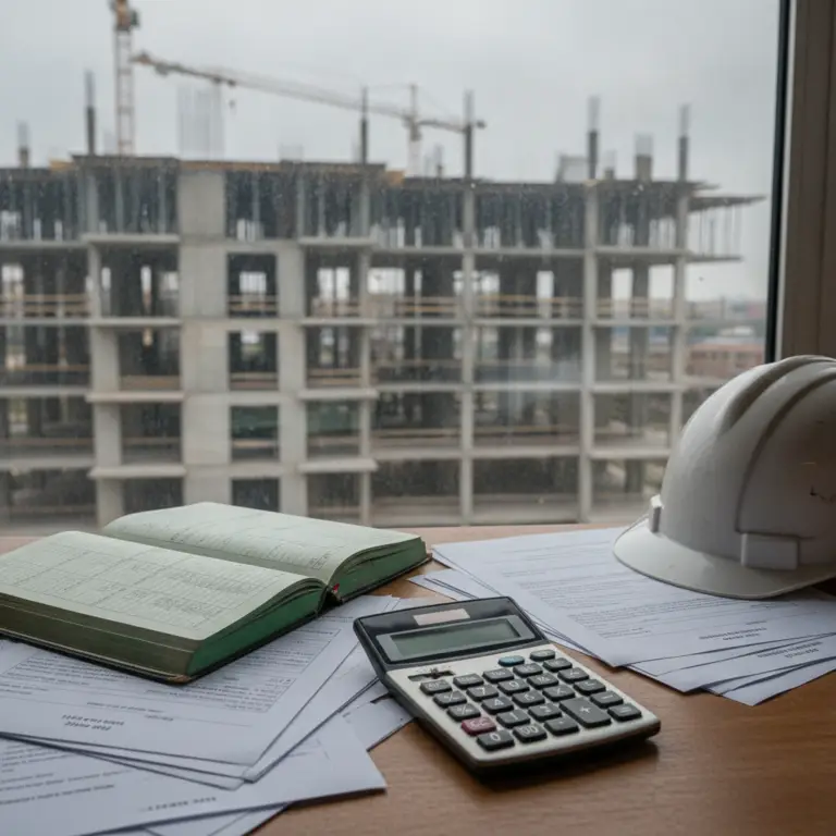 A construction site view from a desk with a calculator, ledger, and hard hat, relating to an Interest Reserve.