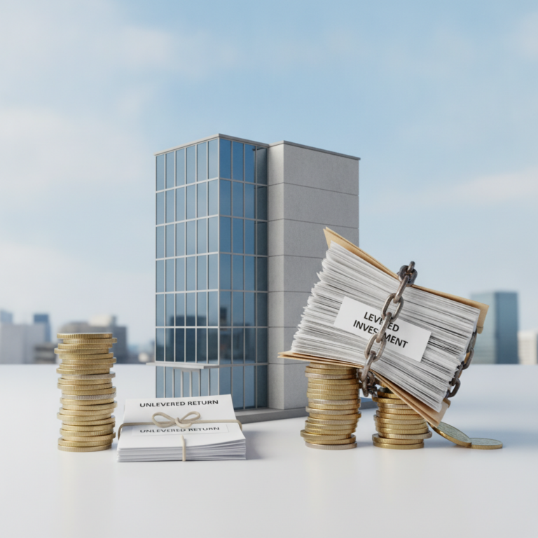 A miniature office building model with stacks of gold coins and document bundles that represent Levered vs Unlevered IRR.
