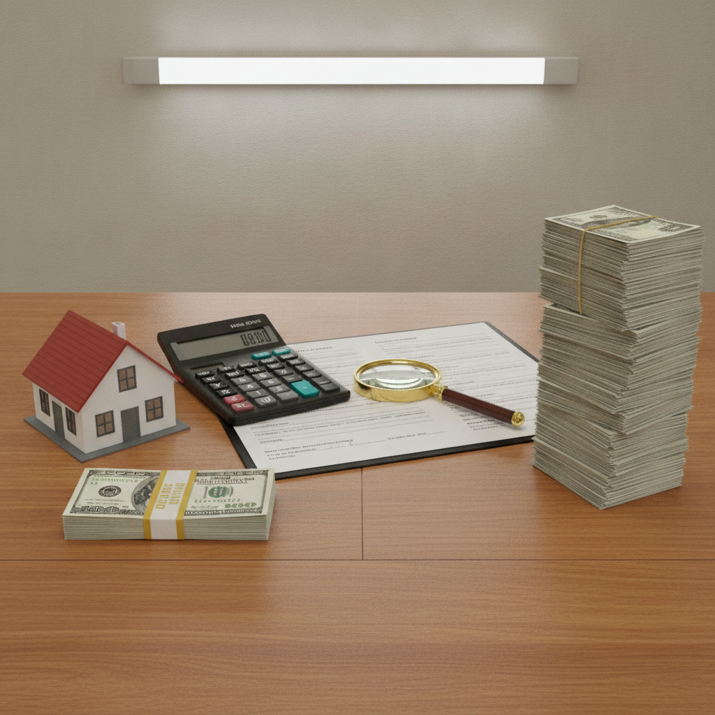 A model house, stacks of dollar bills, a calculator, and a magnifying glass on a desk illustrate Loan-to-Value (LTV).