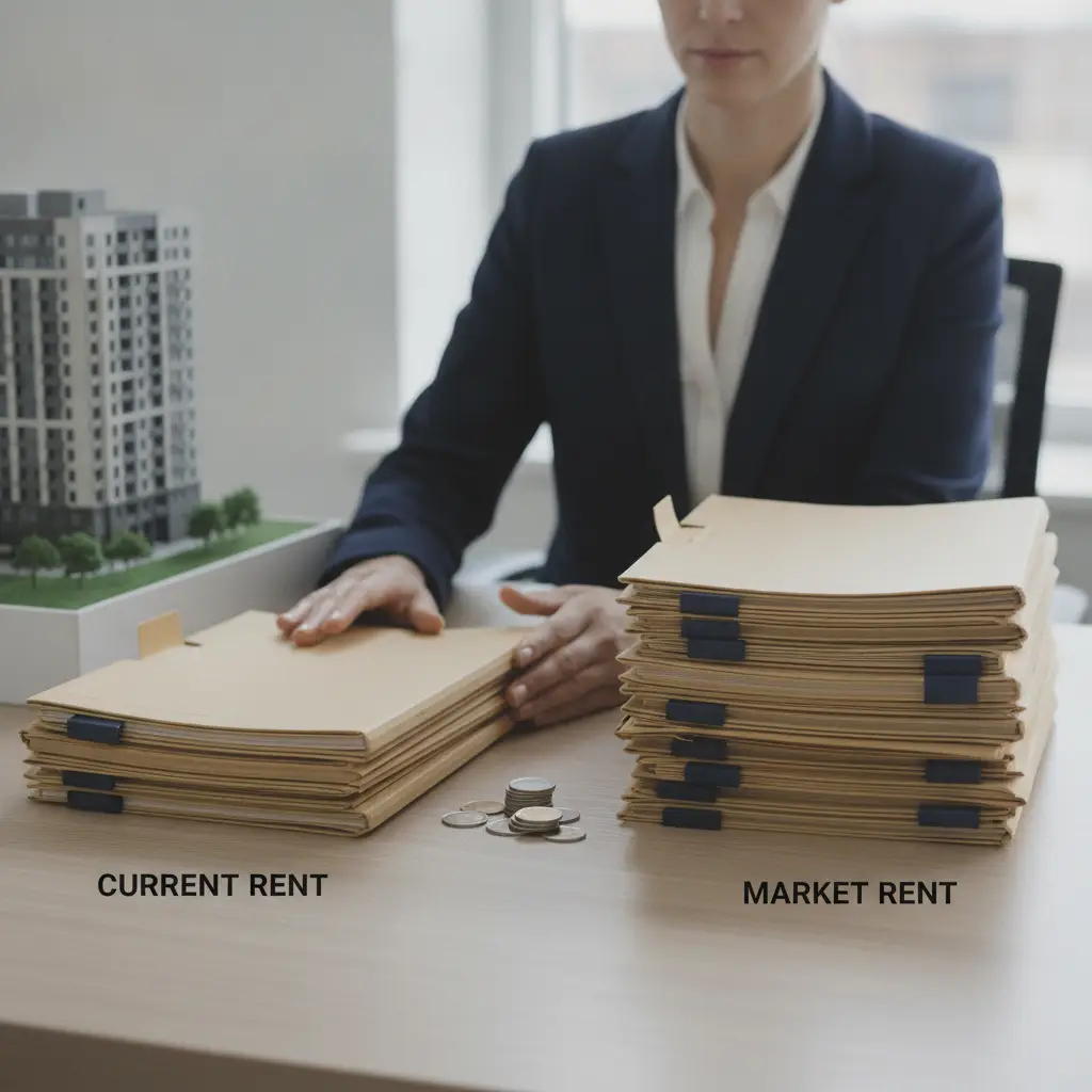 Folders comparing current and market rent demonstrate the financial gap known as Loss to Lease.