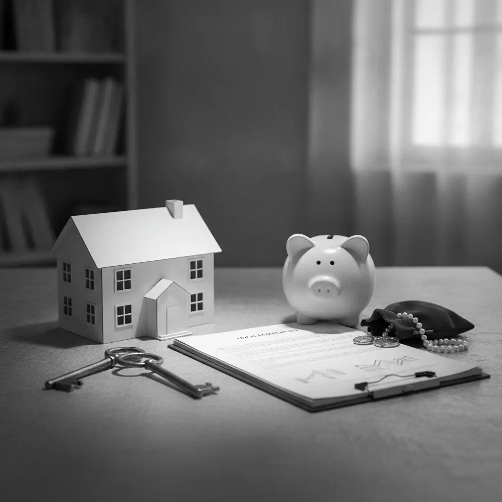 A tabletop display with a model house, a piggy bank, and a document labeled loan agreement to represent Recourse Loan vs Non Recourse Loan.