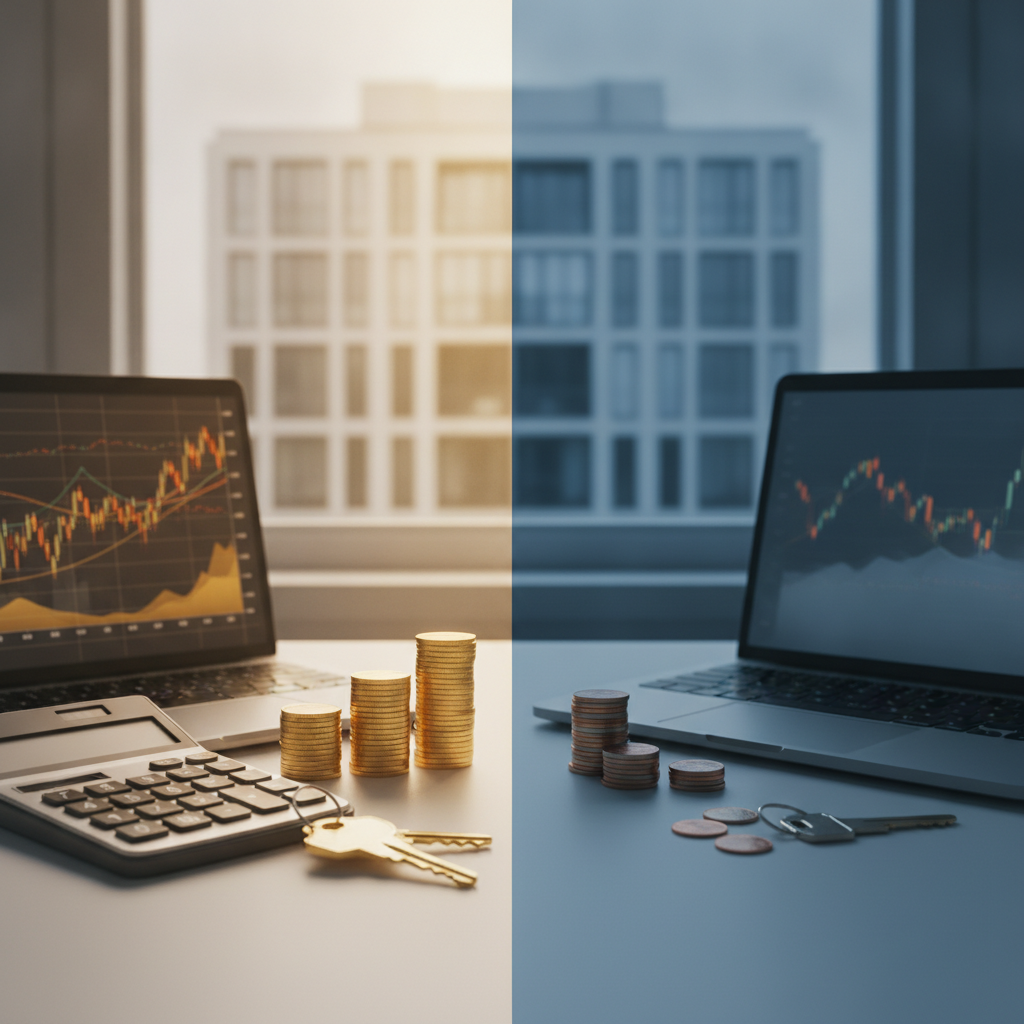 A split-screen image featuring laptops with financial charts, coins, and house keys used to calculate the Rent-to-Value Ratio.