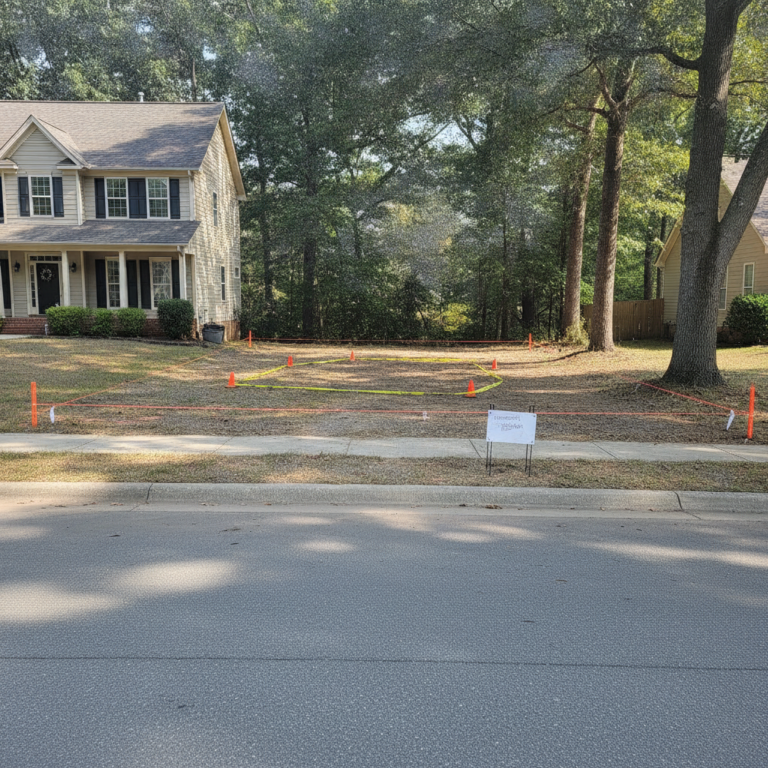 A vacant residential lot between two houses is marked with orange string and yellow tape to outline Setback Requirements.