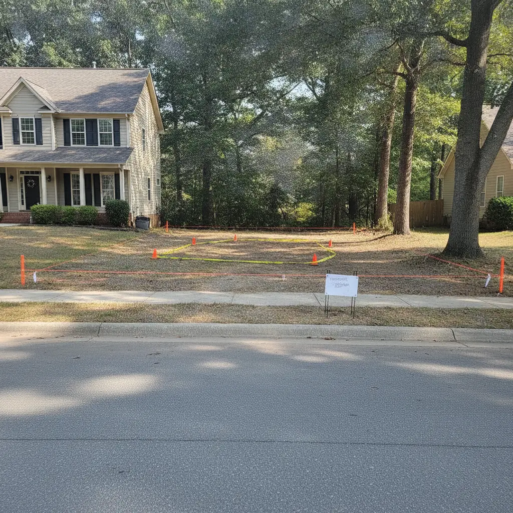 A vacant residential lot between two houses is marked with orange string and yellow tape to outline Setback Requirements.
