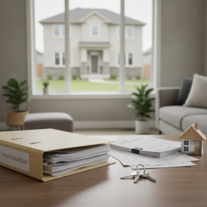 A binder labeled mortgage lender sits beside house keys and a model home in a Title Theory State.