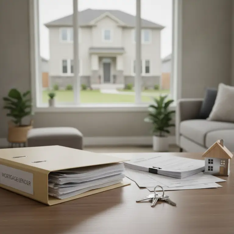 A binder labeled mortgage lender sits beside house keys and a model home in a Title Theory State.