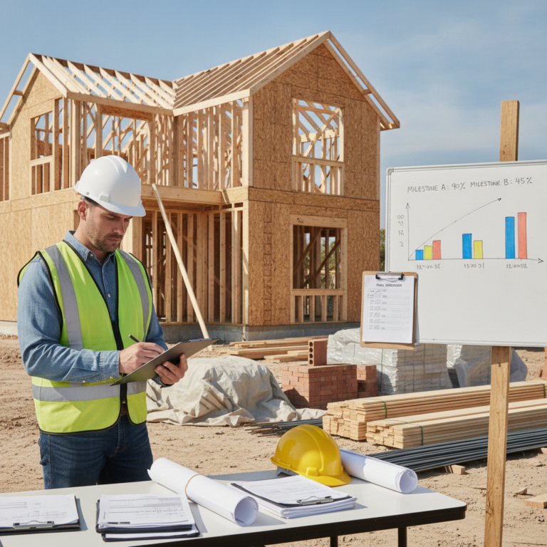 Site manager tracking a Construction Draw Schedule at a residential build.