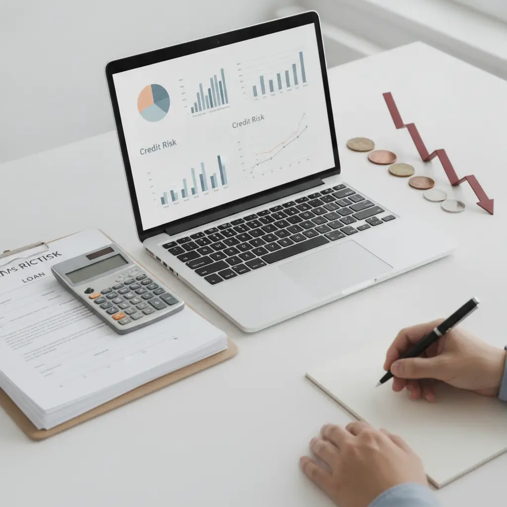 A workspace with a laptop showing graphs and a red downward arrow representing Credit Loss.