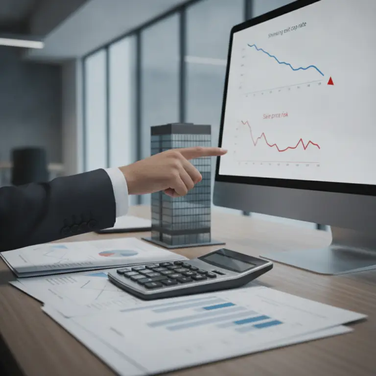 An office desk with a calculator and a computer monitor showing a graph of the Exit Cap Rate.