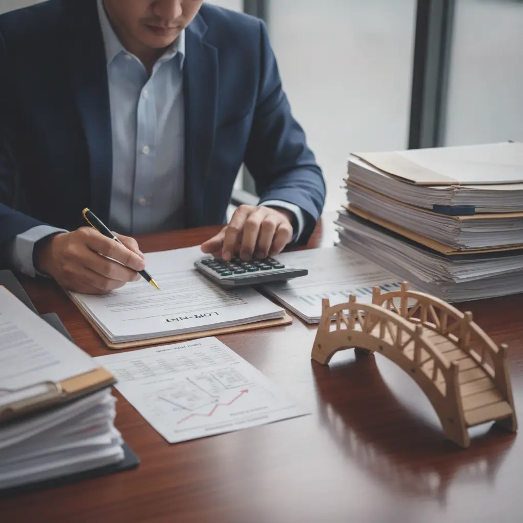 A man in a suit at a desk using a calculator and reviewing documents for an Interim Loan.