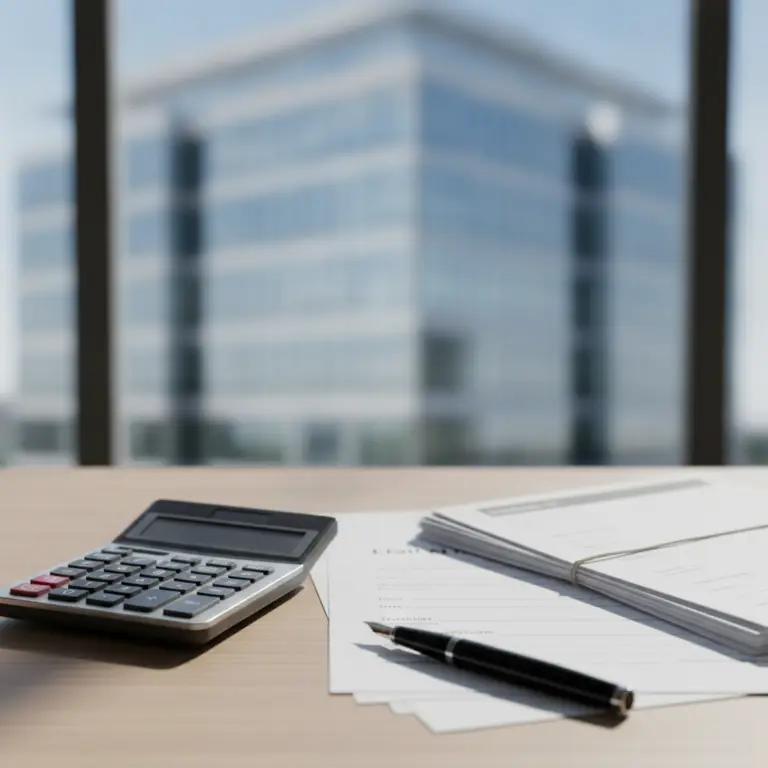 A calculator, a pen, and documents sitting on a desk with a blurred office building in the background, used for determining a Loan Constant.