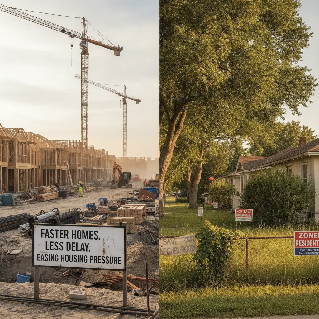 A split image showing a housing construction site and a suburban street to represent NIMBY vs YIMBY.