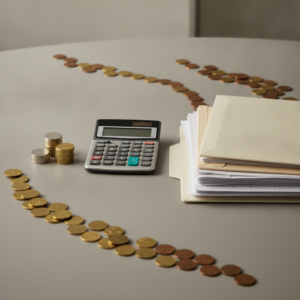 A calculator sits on a grey table surrounded by curved lines of coins and a stack of folders for NPV Calculations.