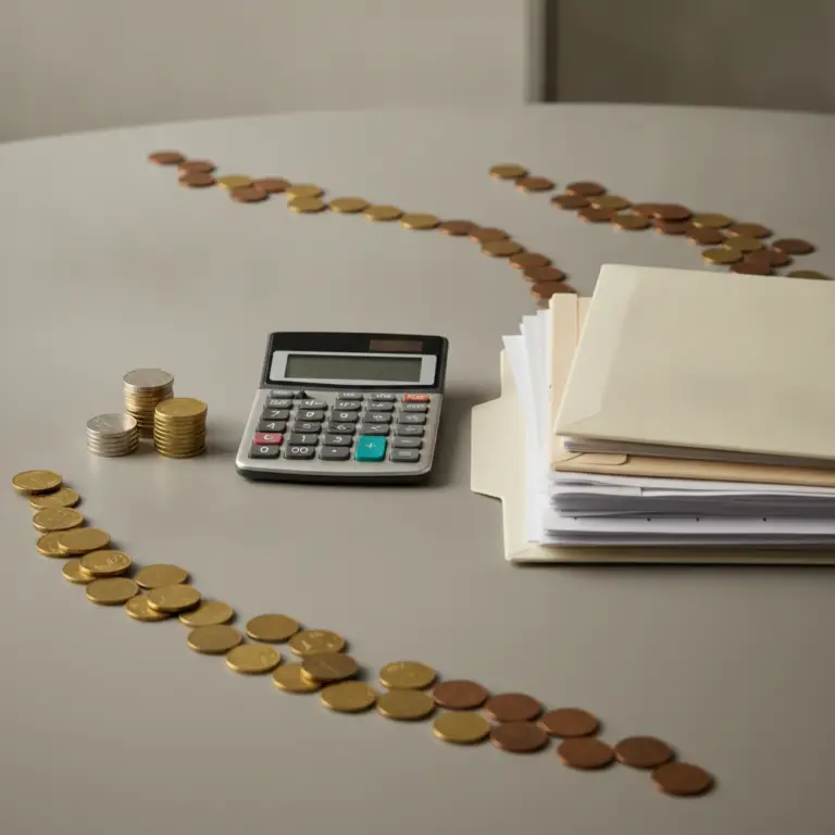 A calculator sits on a grey table surrounded by curved lines of coins and a stack of folders for NPV Calculations.