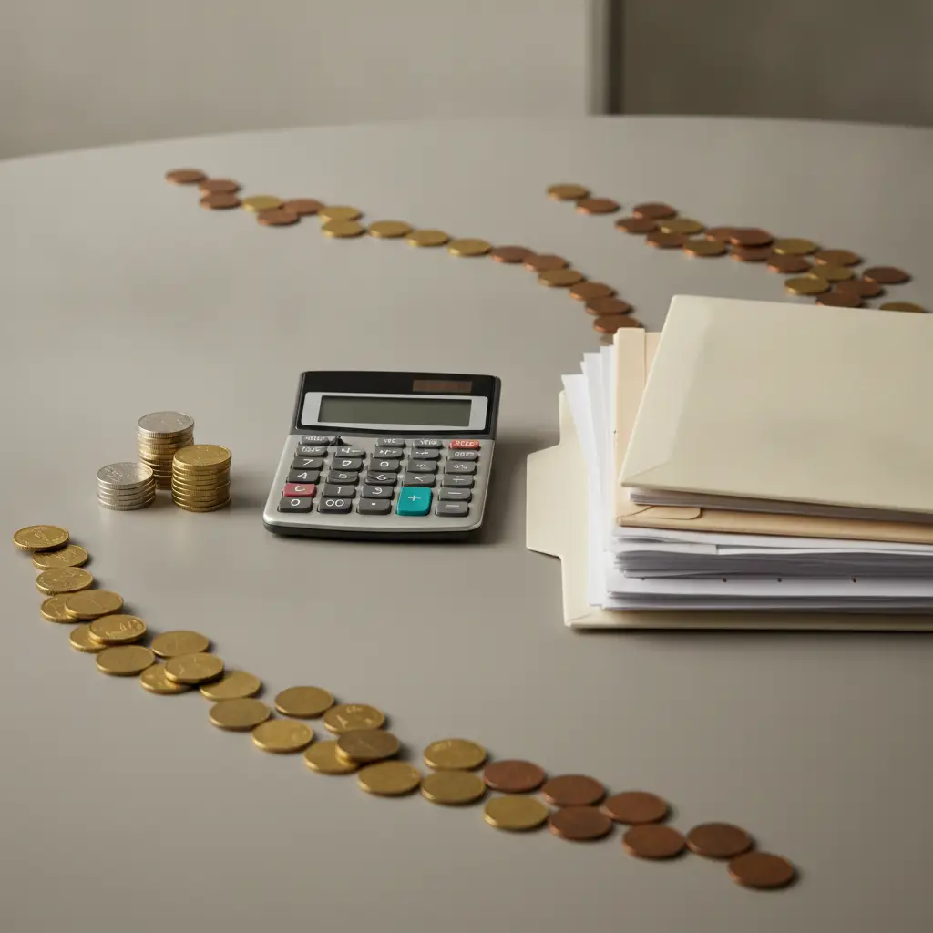 A calculator sits on a grey table surrounded by curved lines of coins and a stack of folders for NPV Calculations.