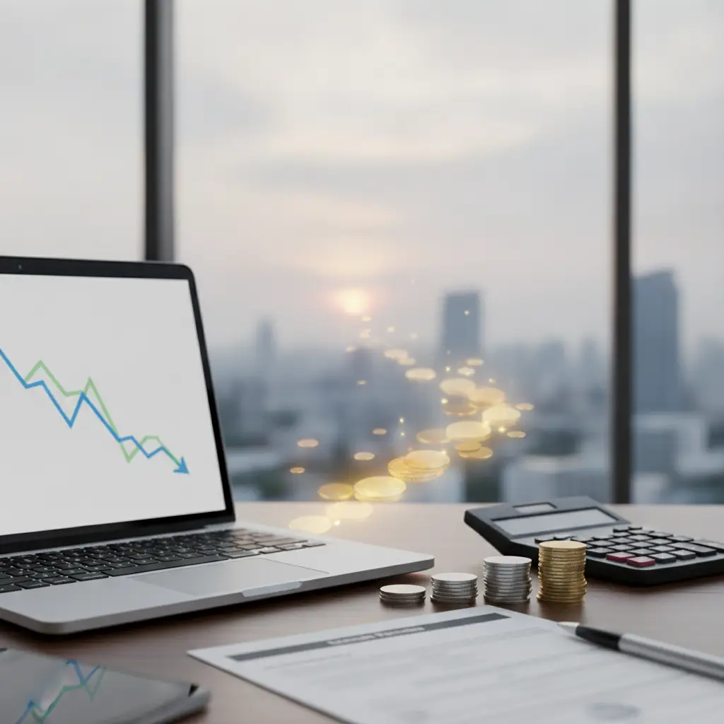 A desk with a laptop showing a declining graph, stacks of coins, and a calculator used to assess a PV Factor.