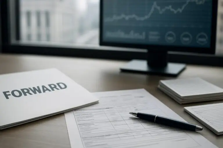 A contract document on a desk with a pen, labeled Forward Purchase Agreement.