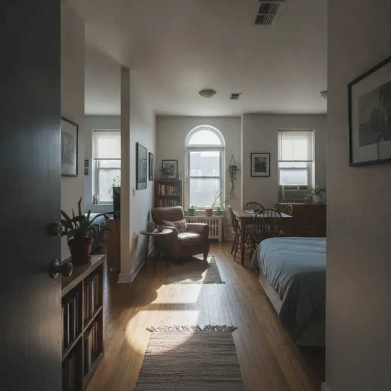 A long interior view of a Railroad Flat with hardwood floors and a bedroom area leading into a sunlit living space.