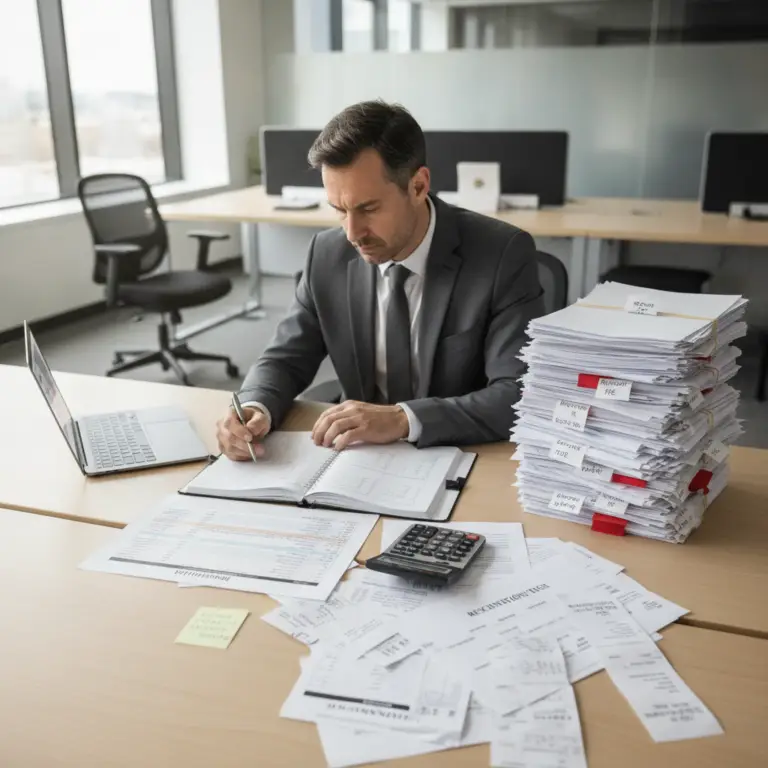 A businessman in a suit sits at a desk with a laptop and a calculator to analyze the Turnover Cost.
