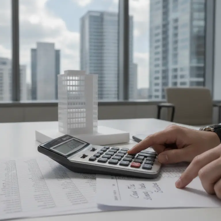 A person using a calculator at a desk with financial spreadsheets and a building model to figure out a Terminal Cap Rate.