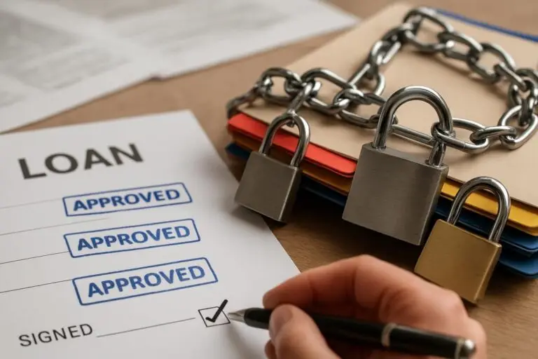 A visual showing multiple assets connected as collateral securing different obligations, labeled Cross-Collateralization.