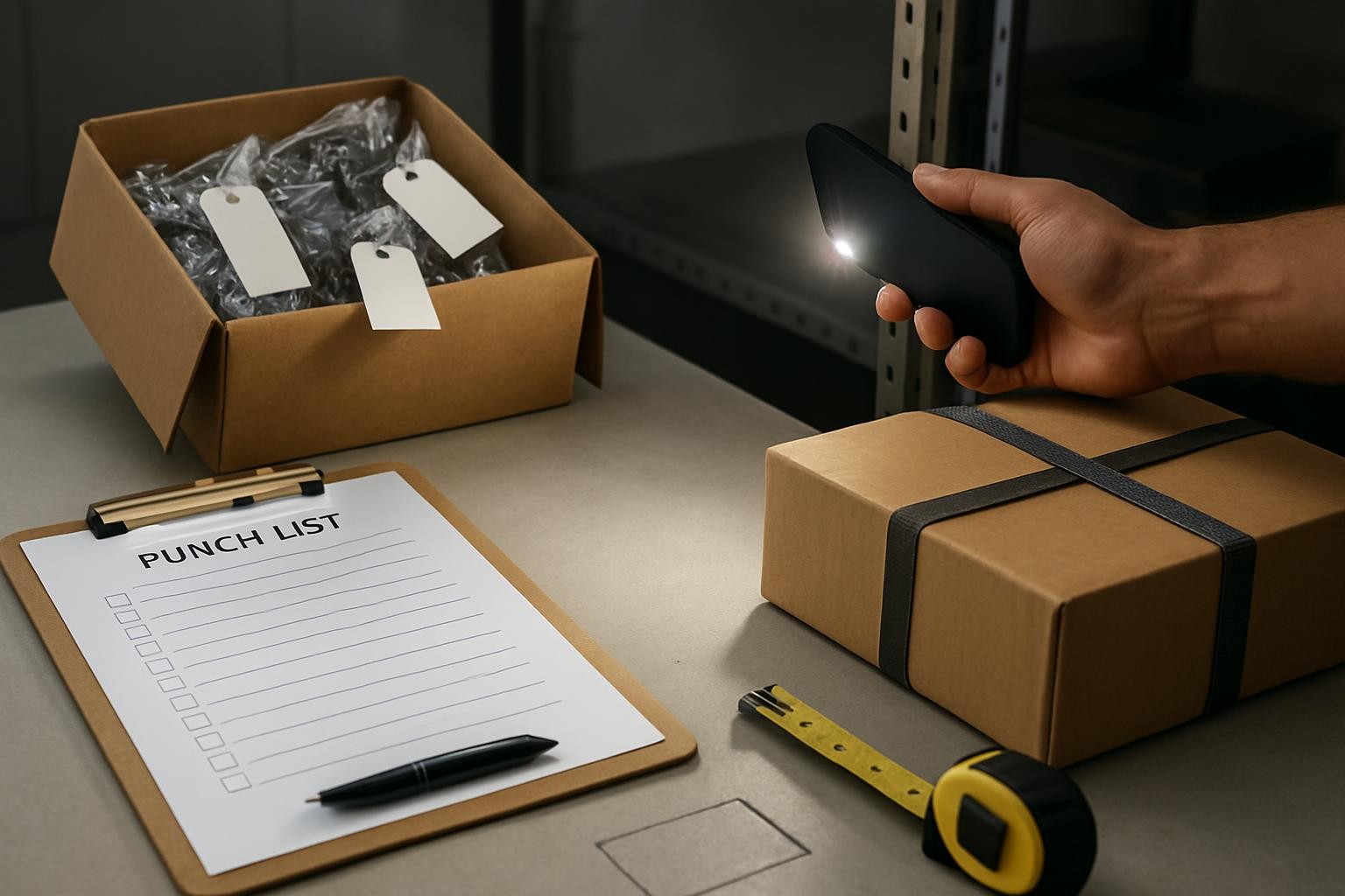 A close-up view of a worker punching out material during Punch-Out Work, with tools and metal pieces visible.